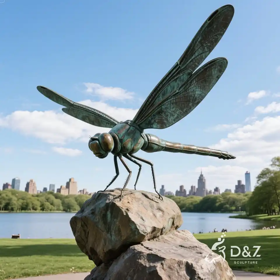 Large bronze dragonfly statue for garden | Falling on stone 1