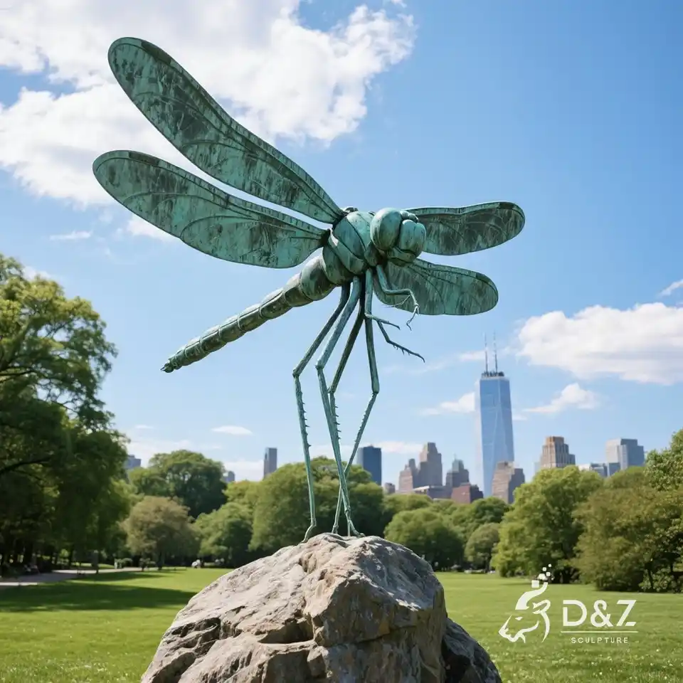 Large bronze dragonfly statue for garden | Falling on stone 2