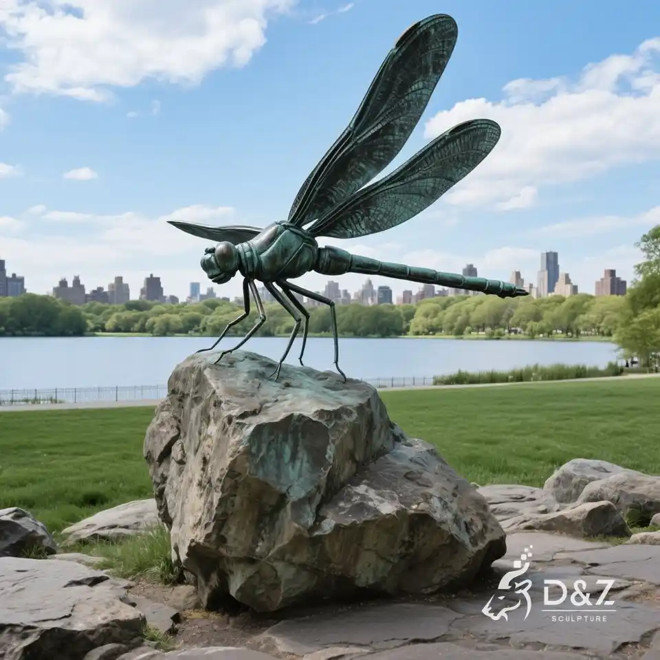 Large bronze dragonfly statue for garden | Falling on stone 3