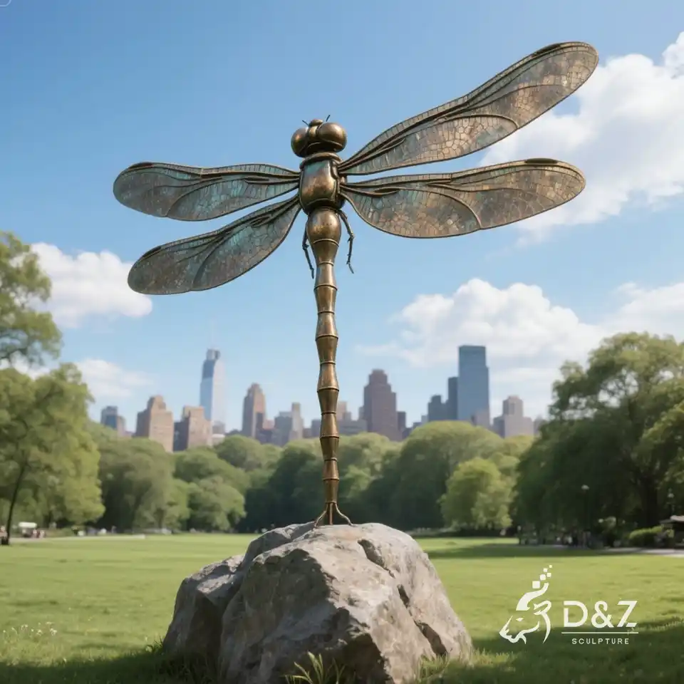 Large bronze dragonfly statue for garden | Falling on stone 4