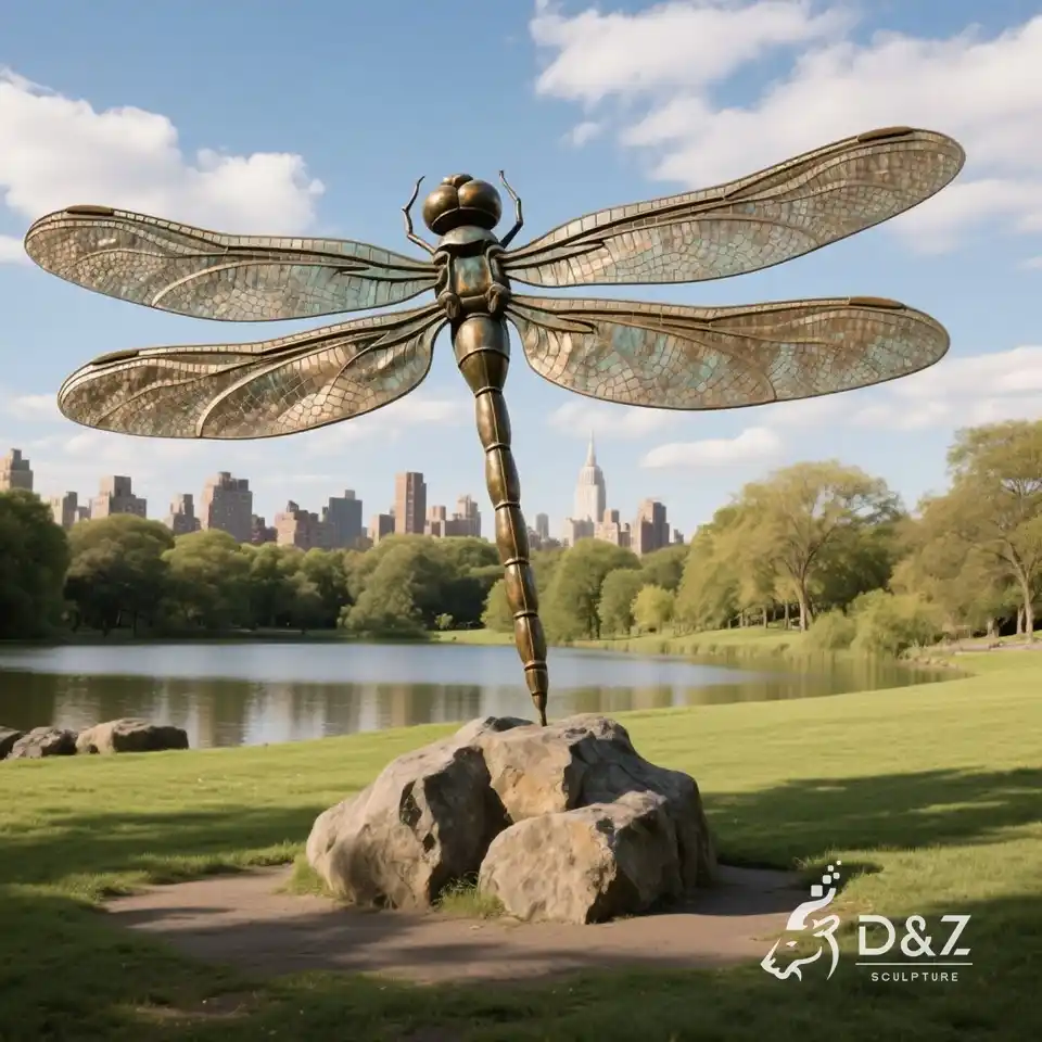 Large bronze dragonfly statue for garden | Falling on stone 5