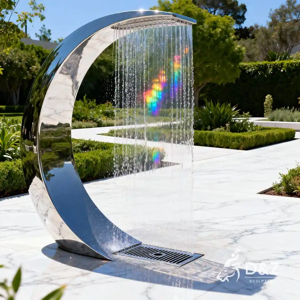 Polished metal crescent moon fountain sculpture, large outdoor stainless steel water feature 2 Polished metal crescent moon fountain sculpture, large outdoor stainless steel water feature 2