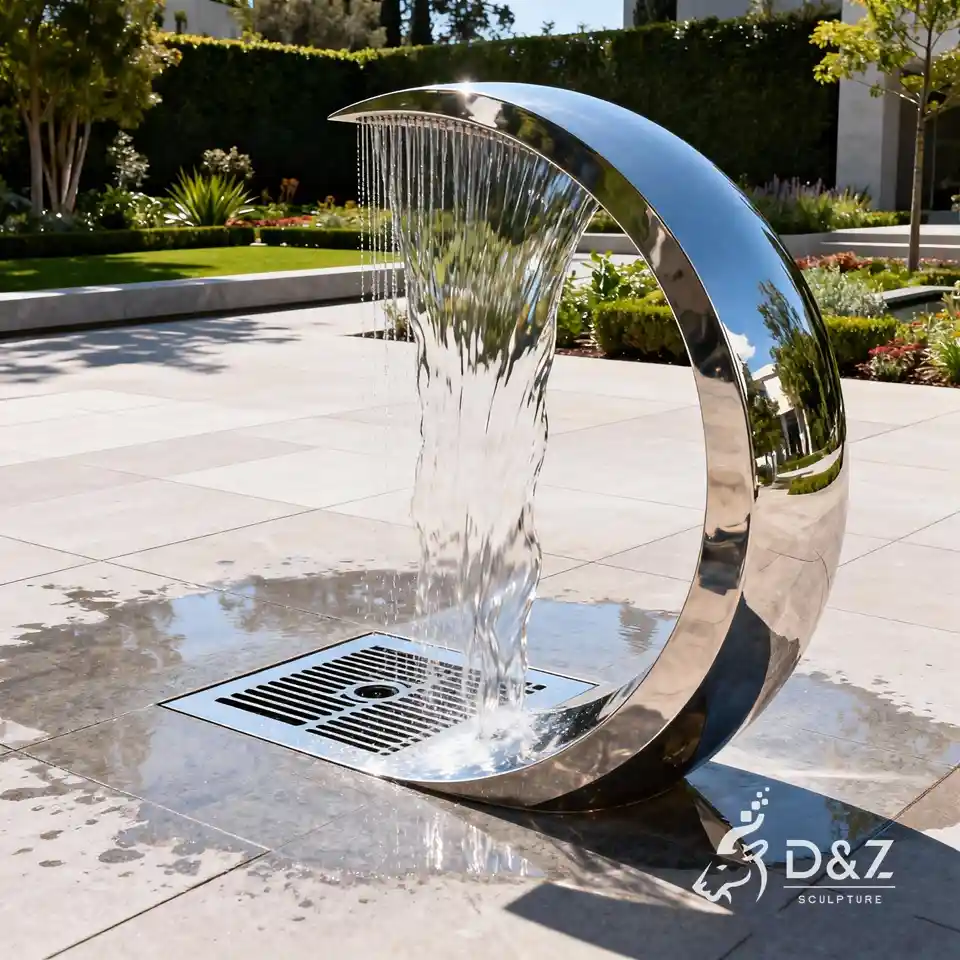Polished metal crescent moon fountain sculpture, large outdoor stainless steel water feature 3 Polished metal crescent moon fountain sculpture, large outdoor stainless steel water feature 3