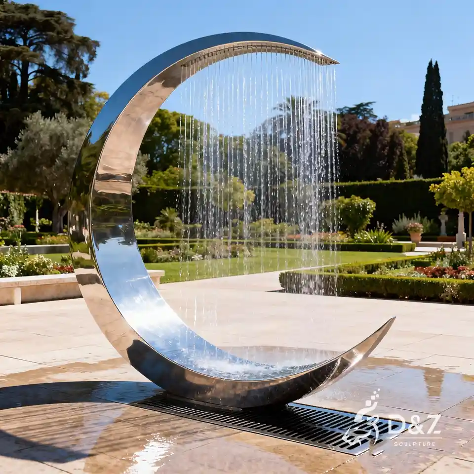 Polished metal crescent moon fountain sculpture, large outdoor stainless steel water feature 5 Polished metal crescent moon fountain sculpture, large outdoor stainless steel water feature 5