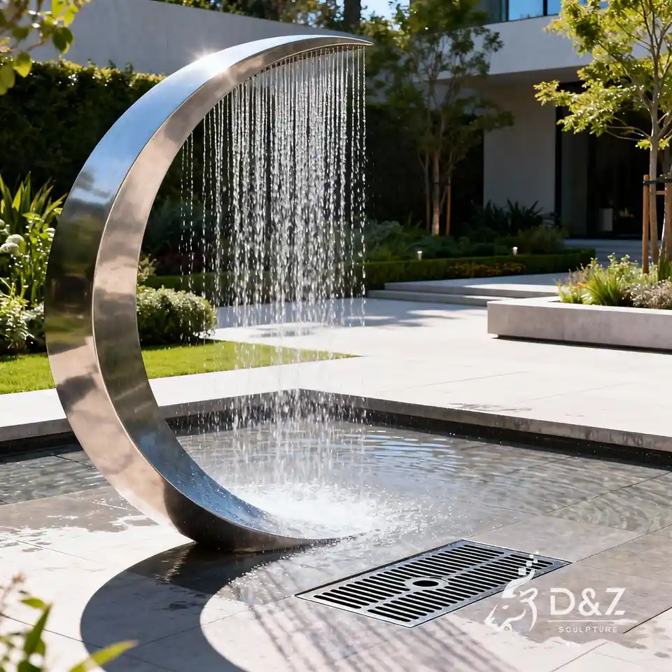 Polished metal crescent moon fountain sculpture, large outdoor stainless steel water feature 6 Polished metal crescent moon fountain sculpture, large outdoor stainless steel water feature 6